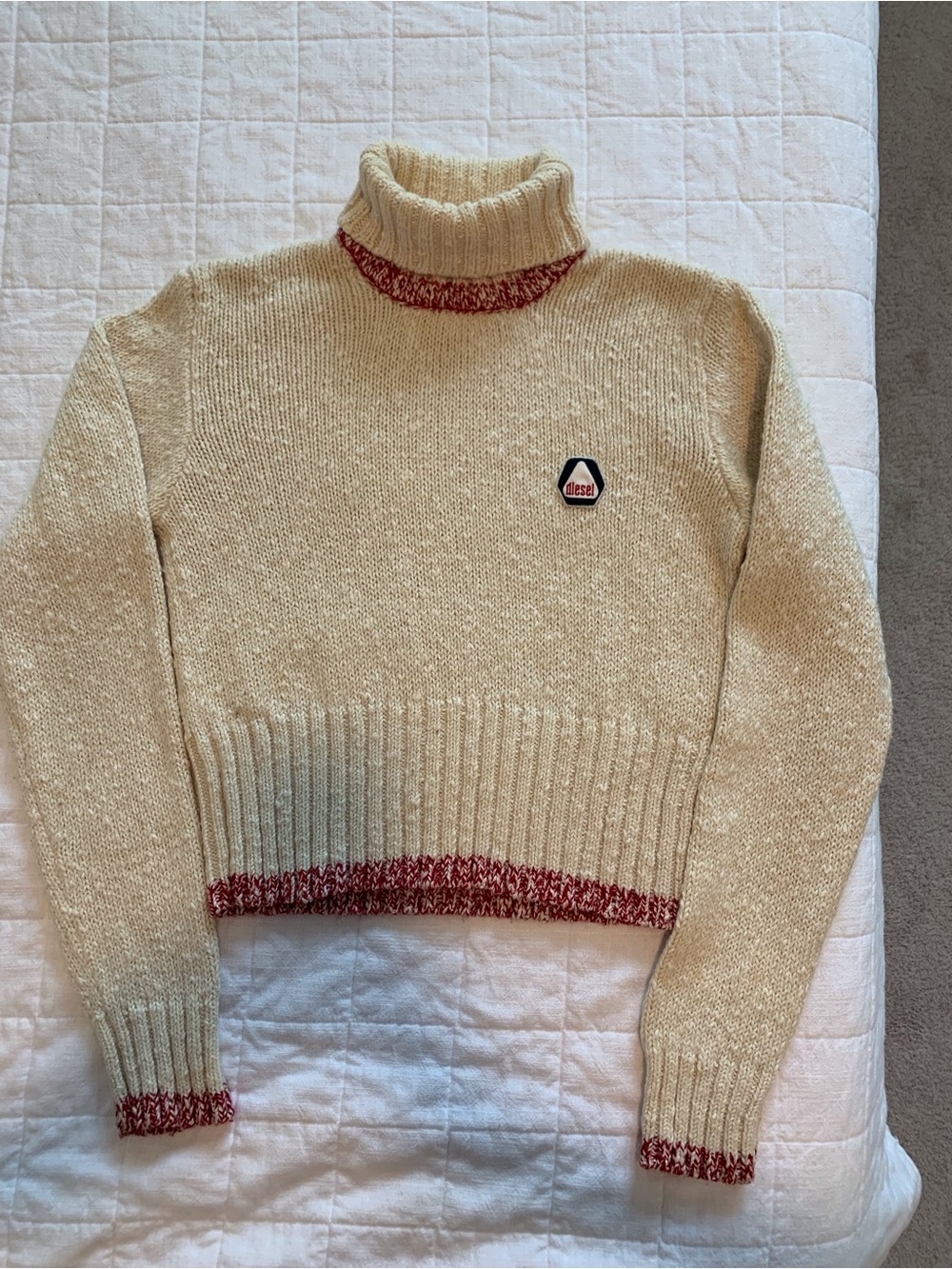 Vintage y2k Diesel Cream Turtleneck Sweater with Red Trim
